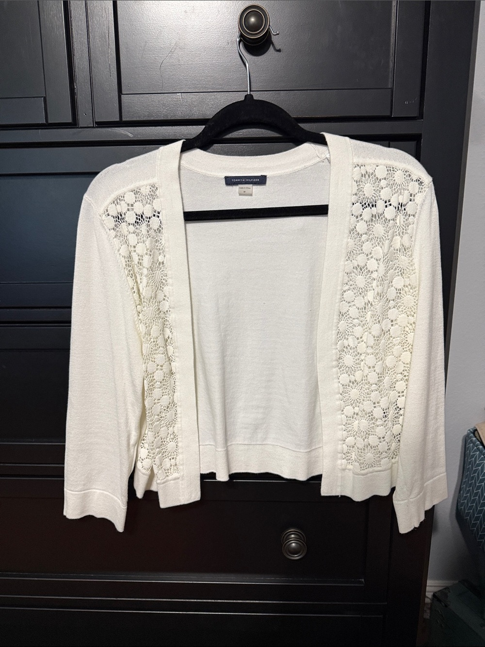 Tommy Hilfiger Open-Front Crochet Panel Cardigan - White